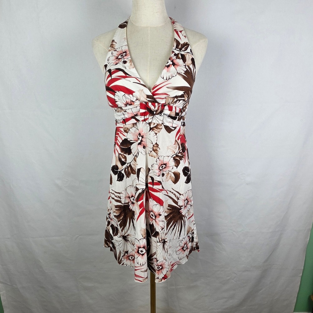 Speechless Womens Tropical Floral Halter Dress Brown Red White Size 3